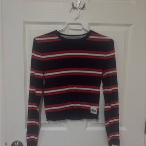 Tommy Hilfiger Black, Red & White Striped Long-Sleeve Crop Tee